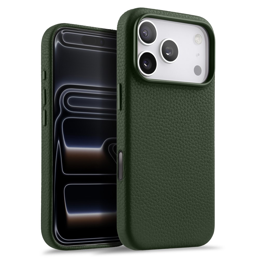 MELKCO For iPhone 17 Pro Magnetic Case Genuine Cow Leather + PC Phone Cover with Metal Keys  /  AI Button - Green
