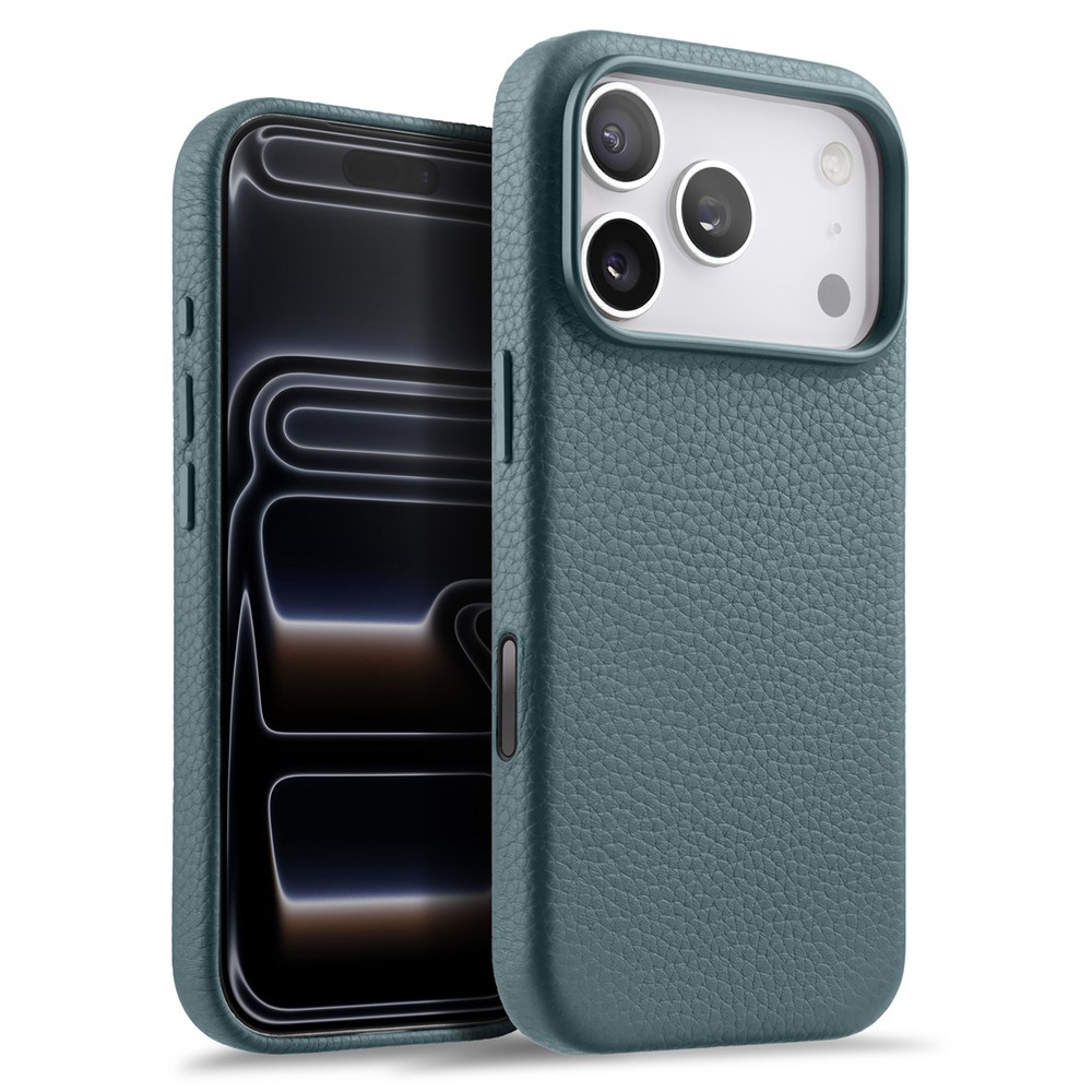 MELKCO For iPhone 17 Pro Magnetic Case Genuine Cow Leather + PC Phone Cover with Metal Keys / AI Button - Baby Blue