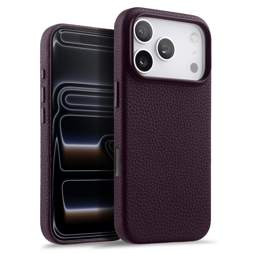 MELKCO For iPhone 17 Pro Magnetic Case Genuine Cow Leather + PC Phone Cover with Metal Keys / AI Button - Purple