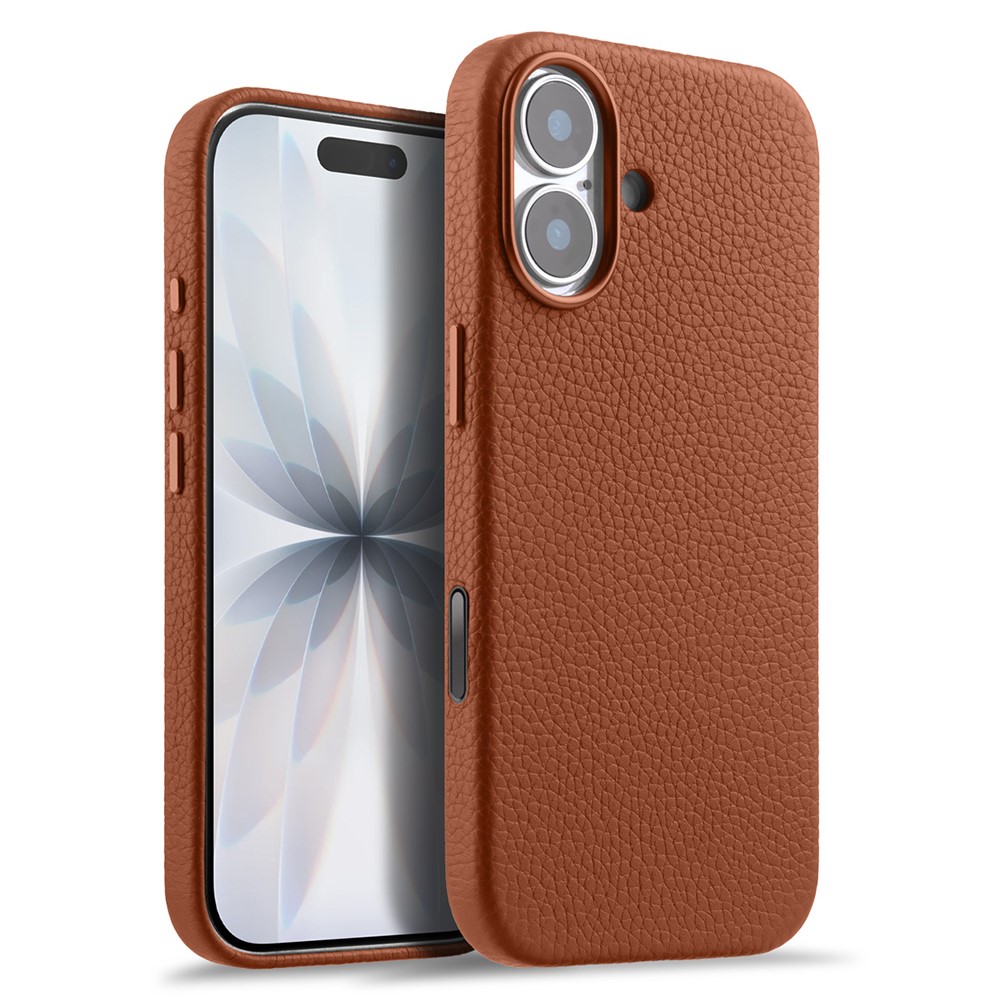 MELKCO For iPhone 17 Magnetic Case Genuine Cow Leather + PC Phone Cover with Metal Keys  /  AI Button - Brown