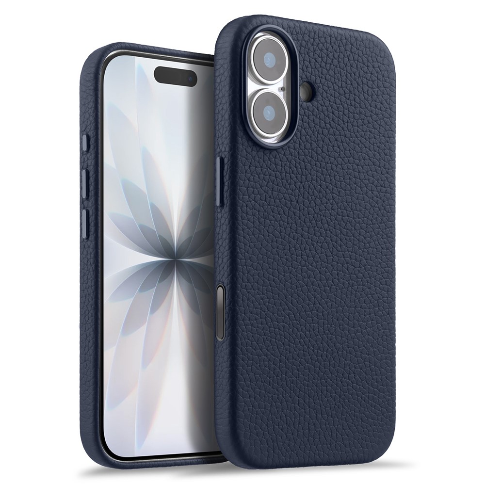 MELKCO For iPhone 17 Magnetic Case Genuine Cow Leather + PC Phone Cover with Metal Keys  /  AI Button - Dark Blue