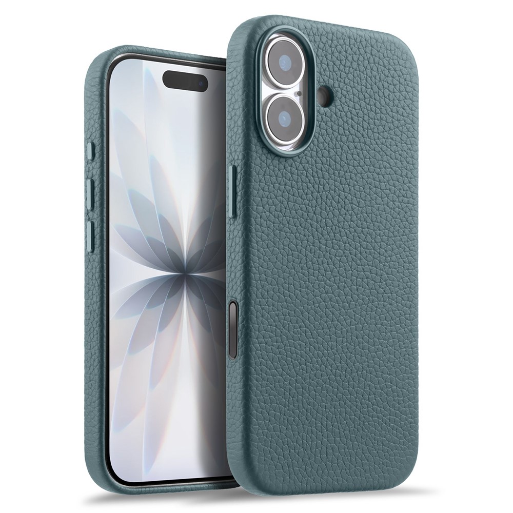 MELKCO For iPhone 17 Magnetic Case Genuine Cow Leather + PC Phone Cover with Metal Keys / AI Button - Baby Blue