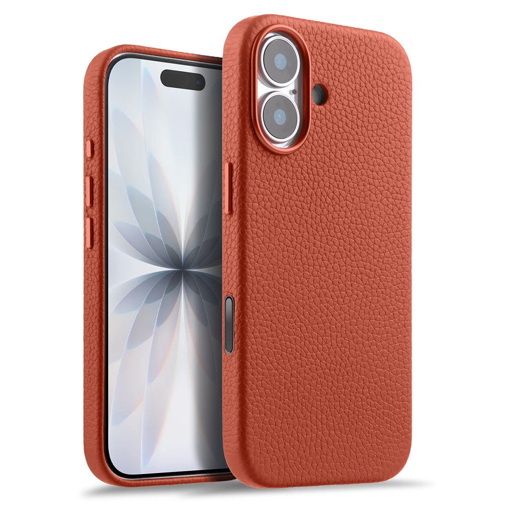 MELKCO For iPhone 17 Magnetic Case Genuine Cow Leather + PC Phone Cover with Metal Keys / AI Button - Orange