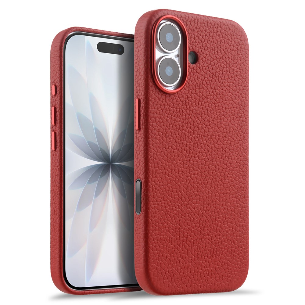 MELKCO For iPhone 17 Magnetic Case Genuine Cow Leather + PC Phone Cover with Metal Keys / AI Button - Red