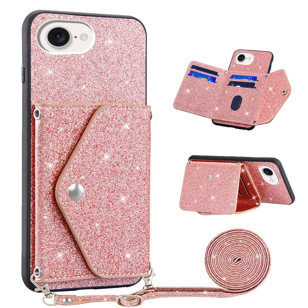 For iPhone 16e Case Card Holder Kickstand PU Leather + TPU Glitter Phone Cover with Shoulder Strap - Pink