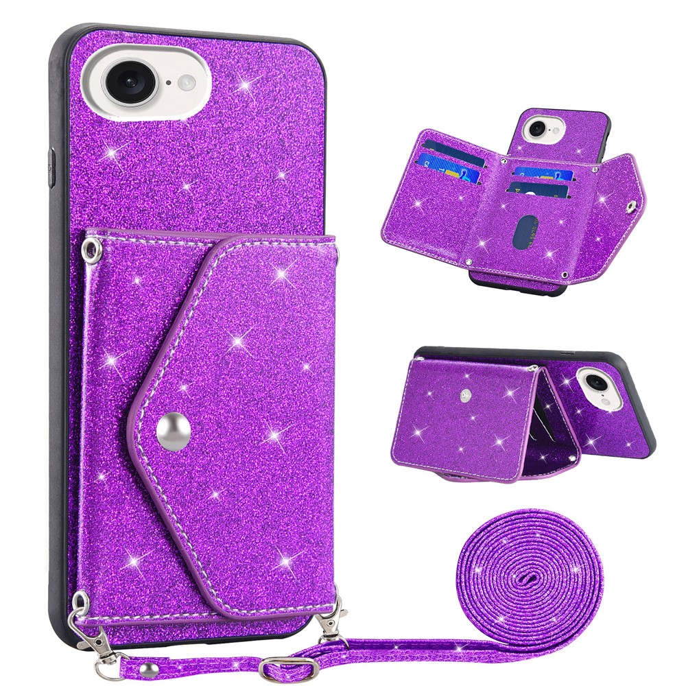 For iPhone 16e Case Card Holder Kickstand PU Leather + TPU Glitter Phone Cover with Shoulder Strap - Purple