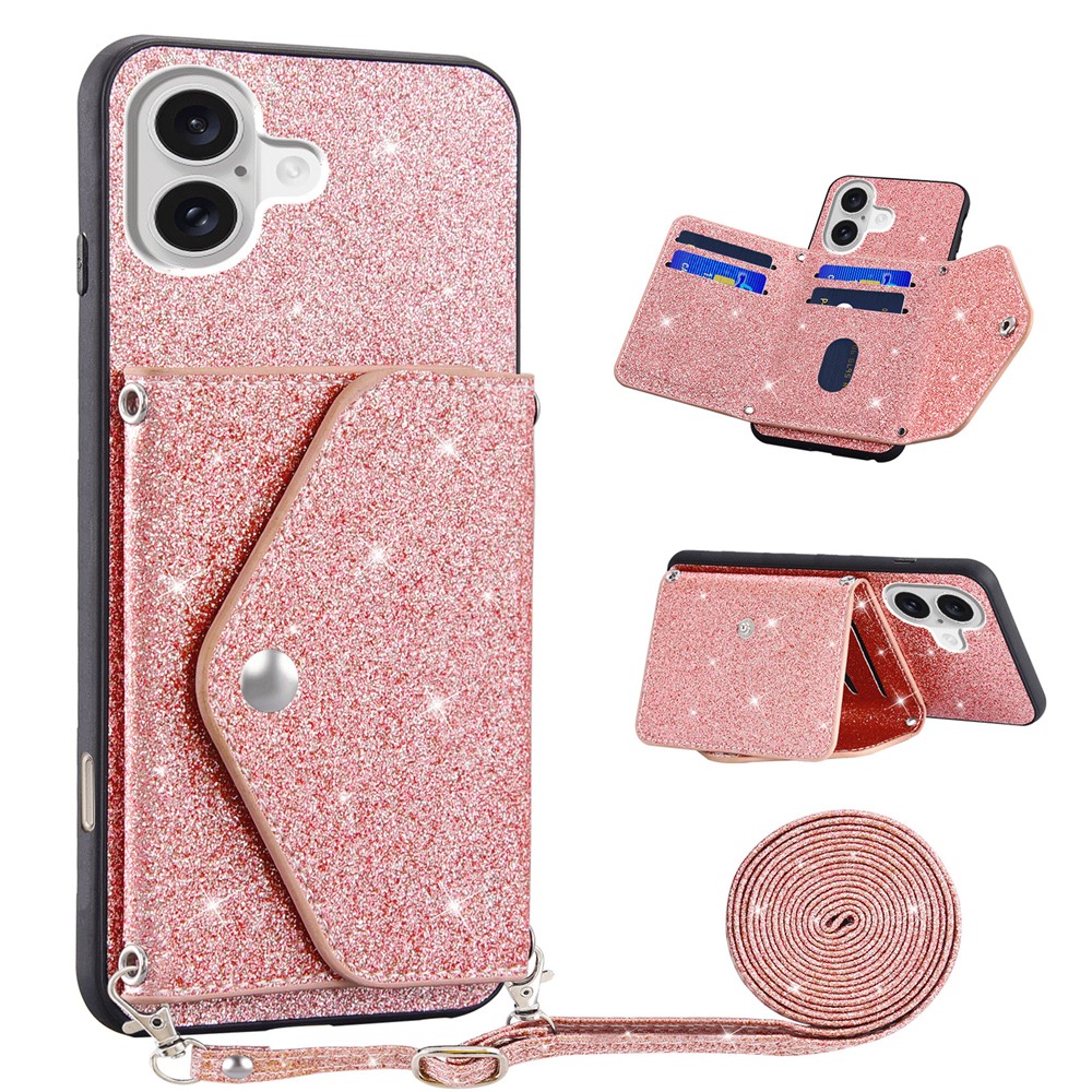 For iPhone 17 Case Card Holder Kickstand PU Leather + TPU Glitter Phone Cover with Shoulder Strap - Pink