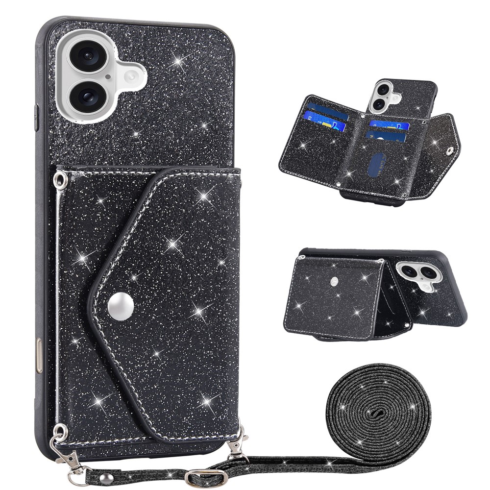 For iPhone 17 Case Card Holder Kickstand PU Leather + TPU Glitter Phone Cover with Shoulder Strap - Black