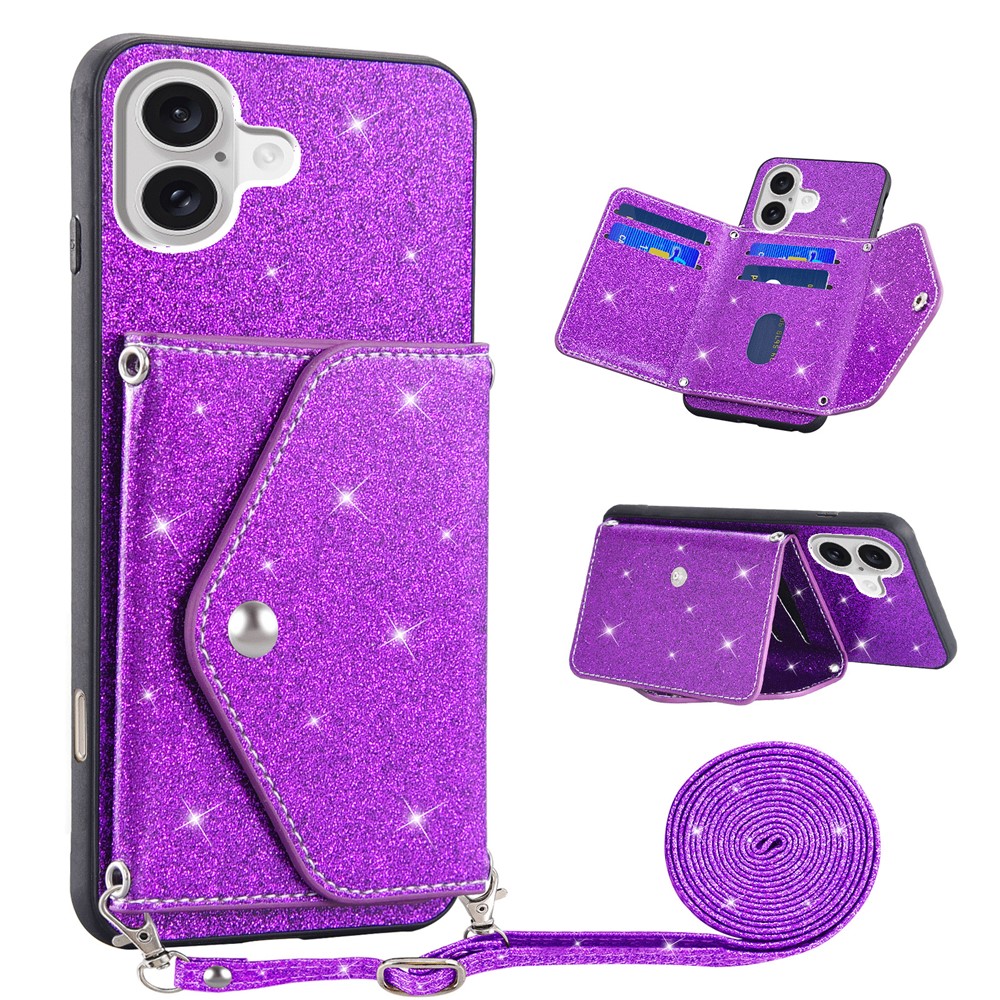 For iPhone 17 Case Card Holder Kickstand PU Leather + TPU Glitter Phone Cover with Shoulder Strap - Purple