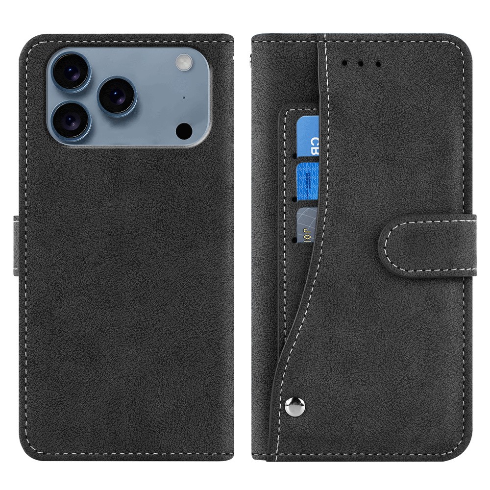 For iPhone 17 Pro Case Retro PU Leather Wallet Phone Cover with Rotating Card Slots Holder - Black