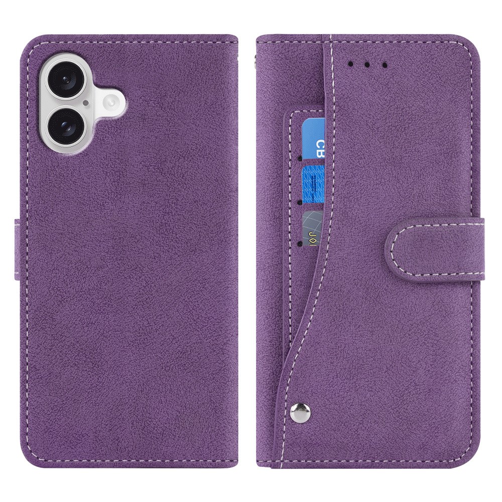 For iPhone 16 Case Retro PU Leather Wallet Phone Cover with Rotating Card Slots Holder - Purple