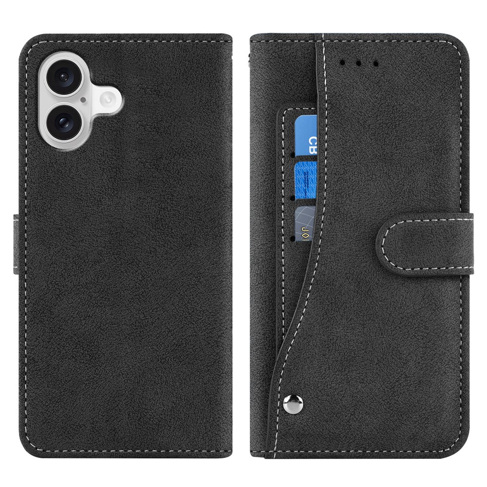 For iPhone 16 Plus Case Retro PU Leather Wallet Phone Cover with Rotating Card Slots Holder - Black