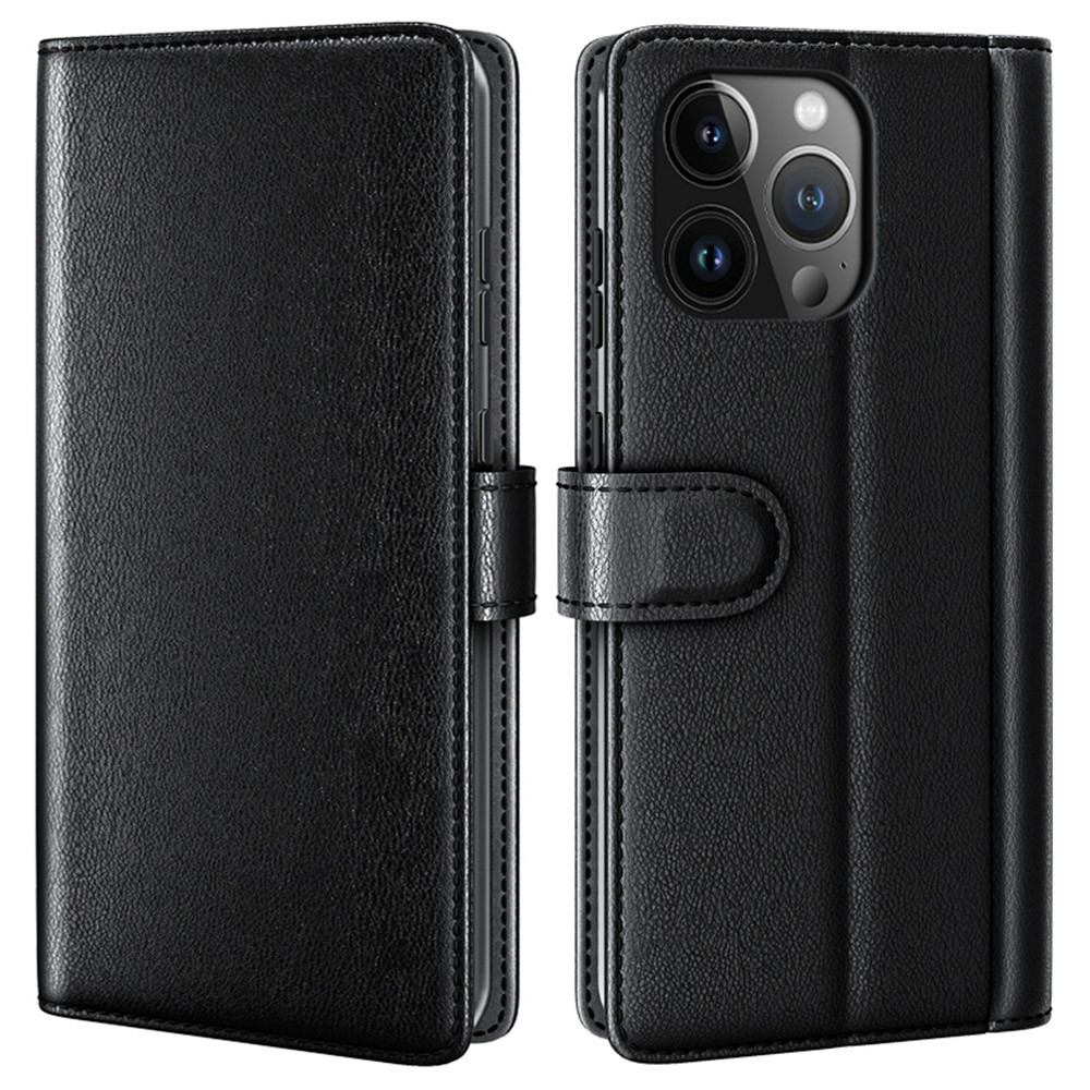 AMORUS For iPhone 13 Pro Max Stand Cases Calf Texture Genuine Split Leather Wallet Phone Cover - Black