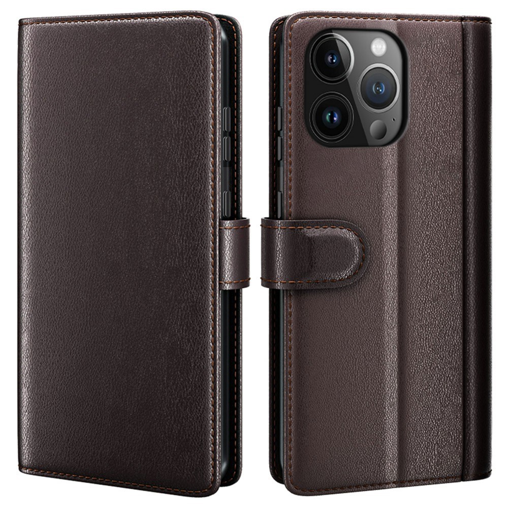 AMORUS For iPhone 13 Pro Stand Cases Calf Texture Genuine Split Leather Wallet Phone Cover - Brown