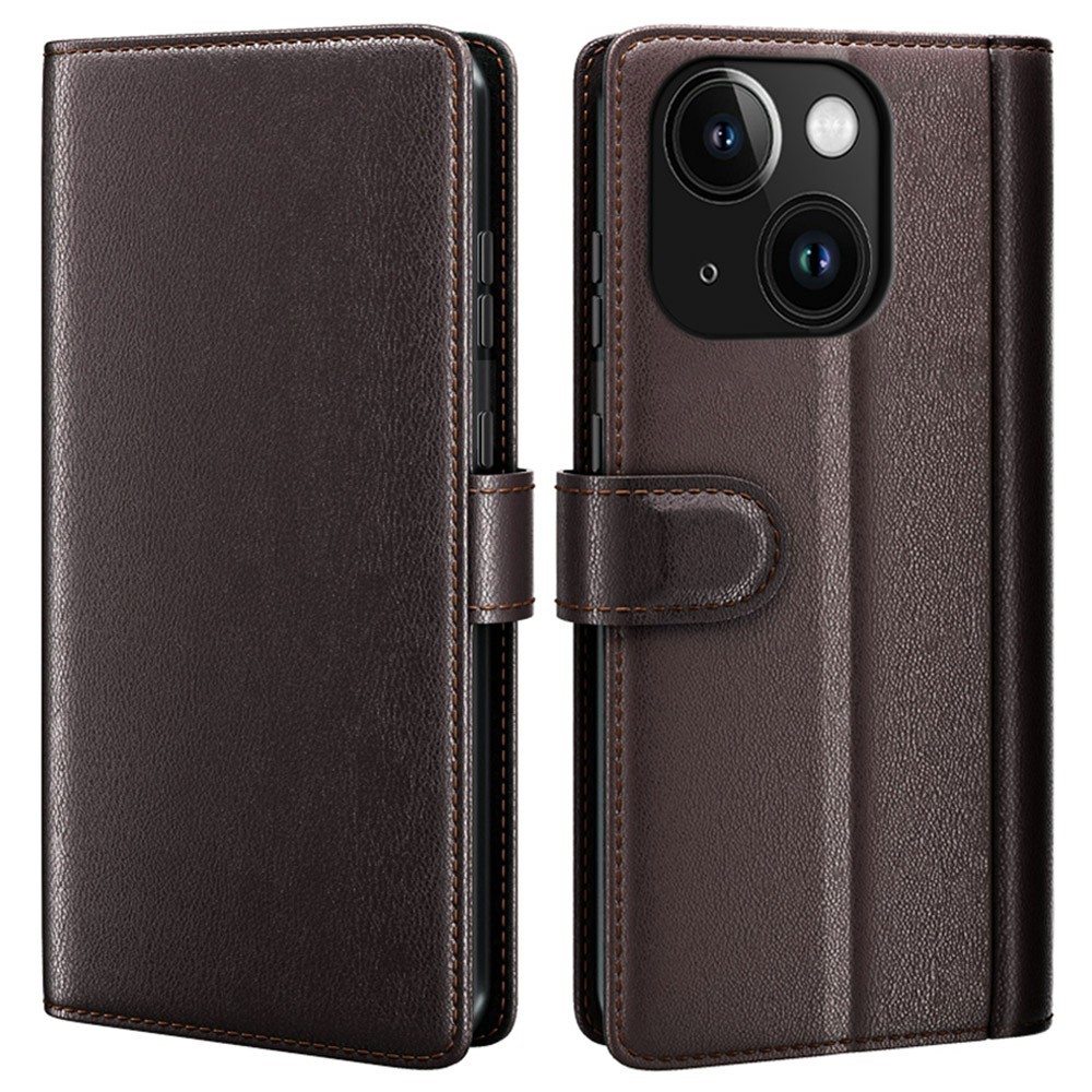 AMORUS For iPhone 14 Stand Cases Calf Texture Genuine Split Leather Wallet Phone Cover - Brown