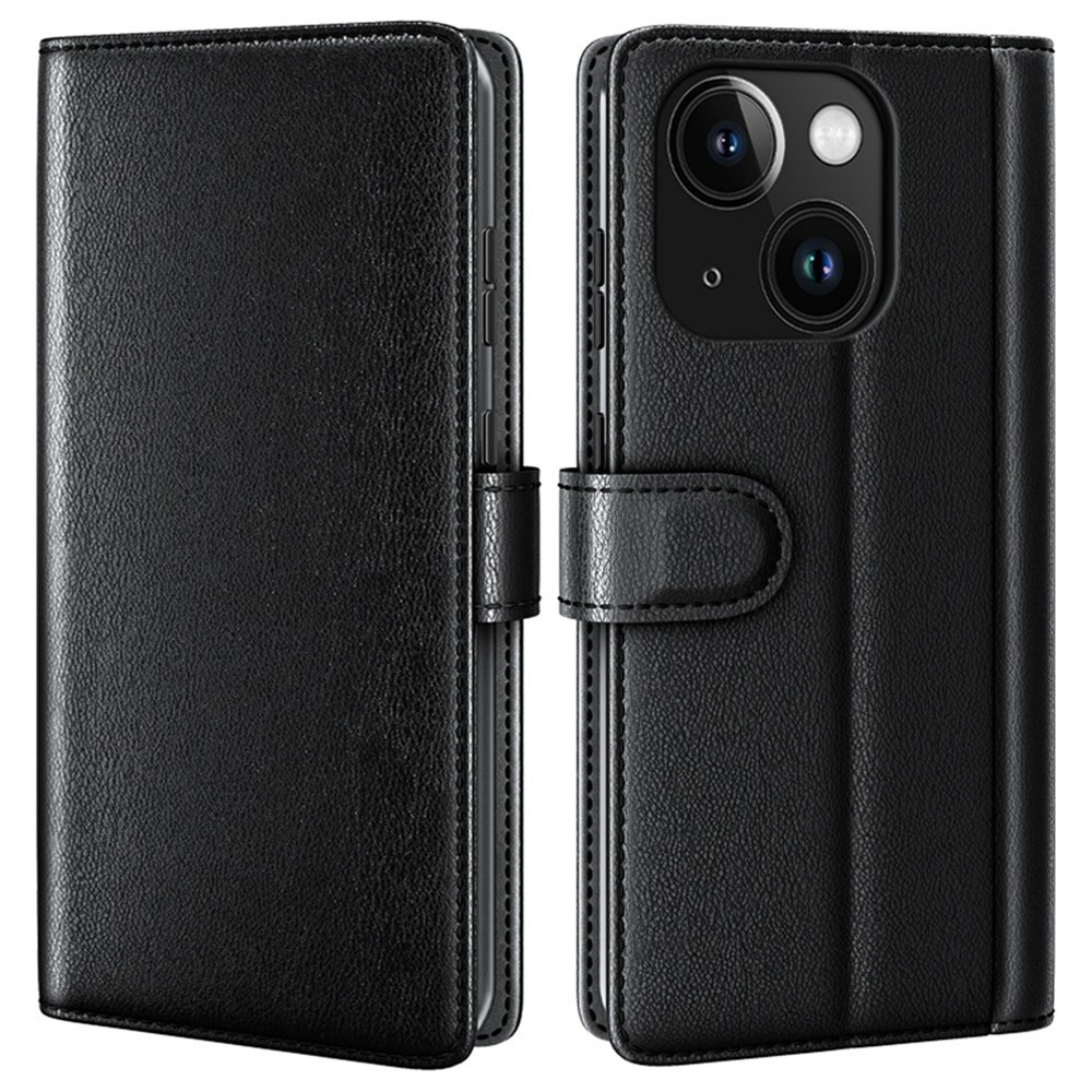 AMORUS For iPhone 13 Stand Cases Calf Texture Genuine Split Leather Wallet Phone Cover - Black