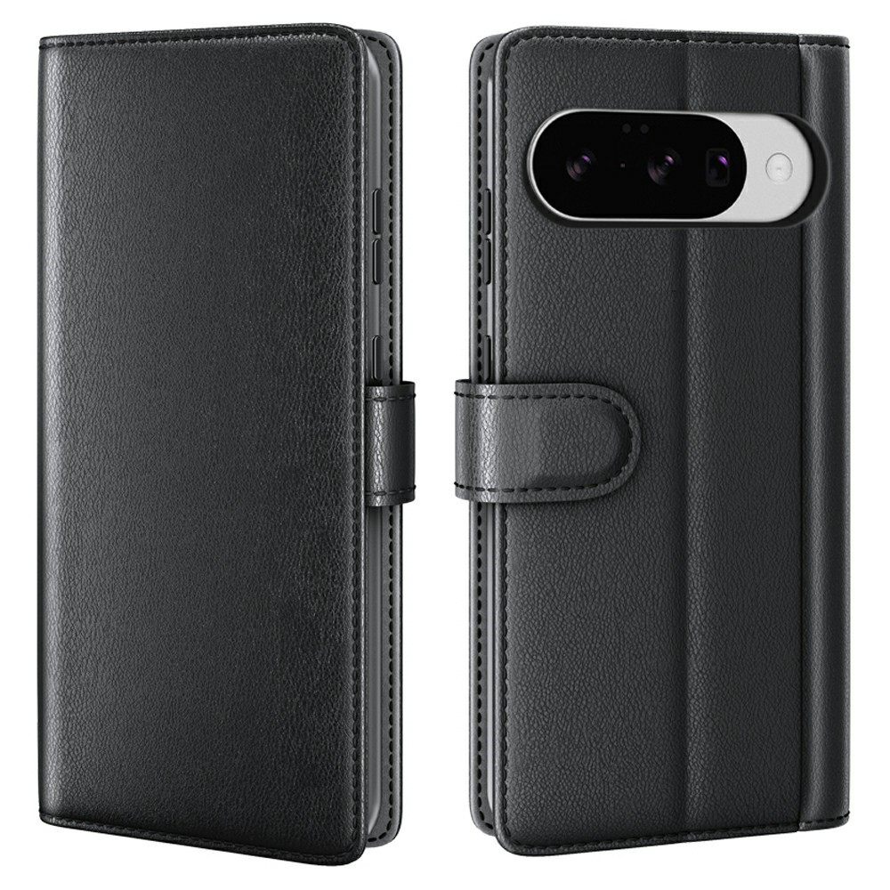 AMORUS For Google Pixel 10 / Pixel 10 Pro Stand Cases Calf Texture Genuine Split Leather Wallet Phone Cover - Black
