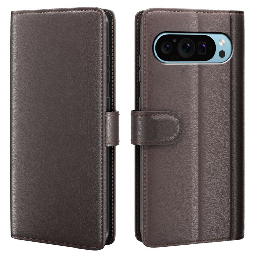 AMORUS For Google Pixel 9 / 9 Pro Stand Cases Calf Texture Genuine Split Leather Wallet Phone Cover - Brown