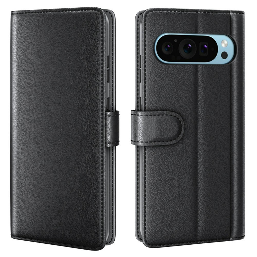 AMORUS For Google Pixel 9 / 9 Pro Stand Cases Calf Texture Genuine Split Leather Wallet Phone Cover - Black