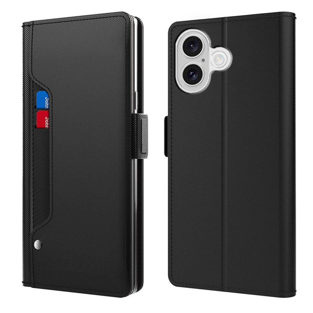 For iPhone 17 Case Stand PU Leather Phone Cover Card Holder Mirror - Black