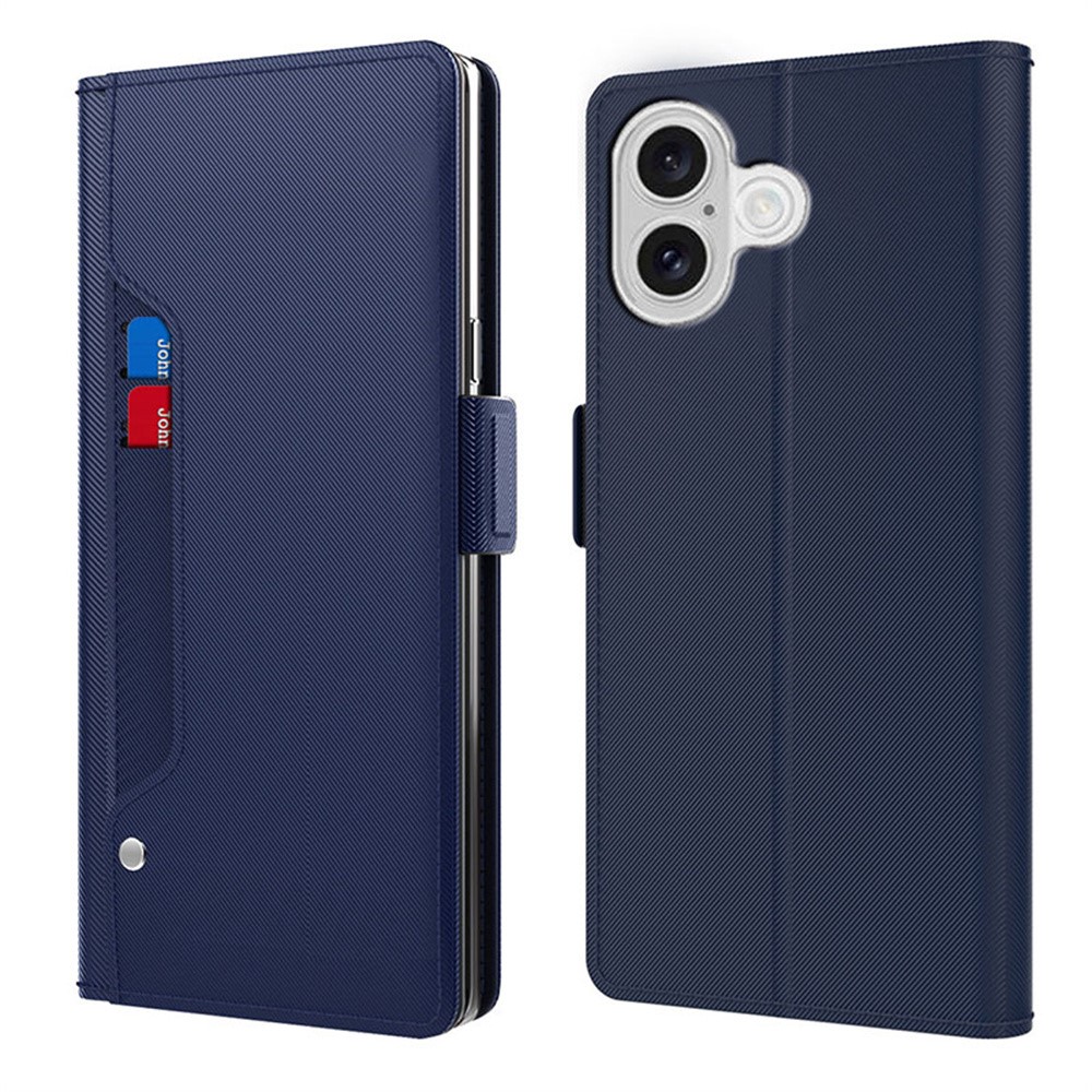 For iPhone 17 Case Stand PU Leather Phone Cover Card Holder Mirror - Blue