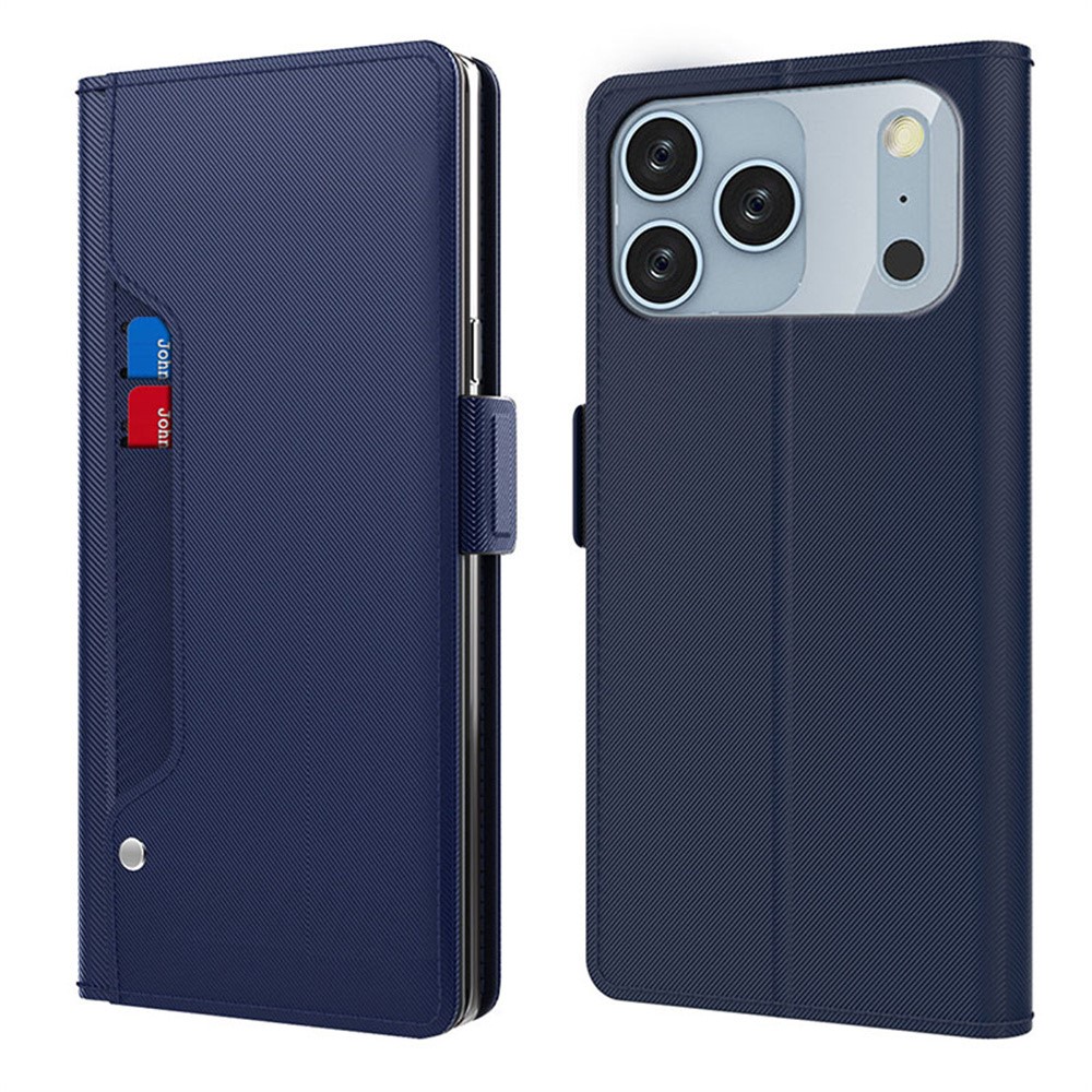 For iPhone 17 Pro Case Stand PU Leather Phone Cover Card Holder Mirror - Blue