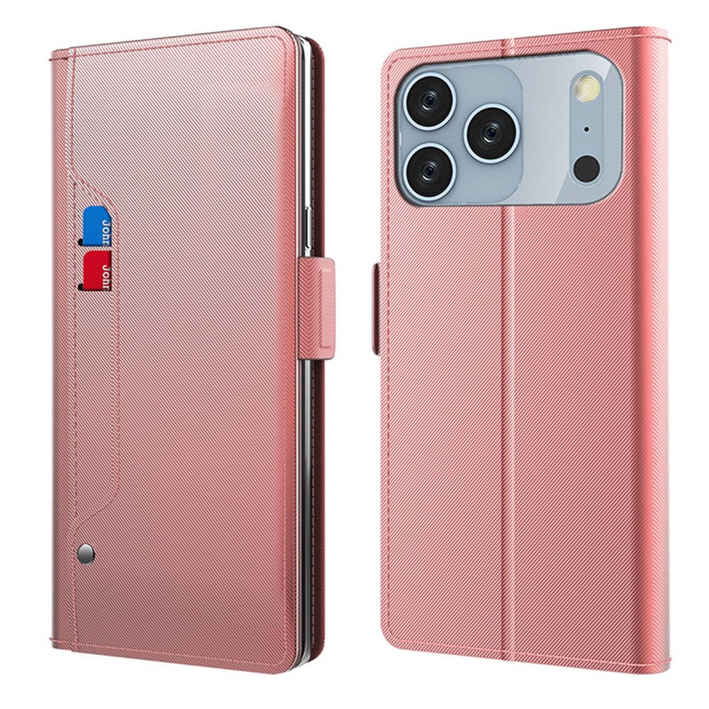 For iPhone 17 Pro Case Stand PU Leather Phone Cover Card Holder Mirror - Rose Gold