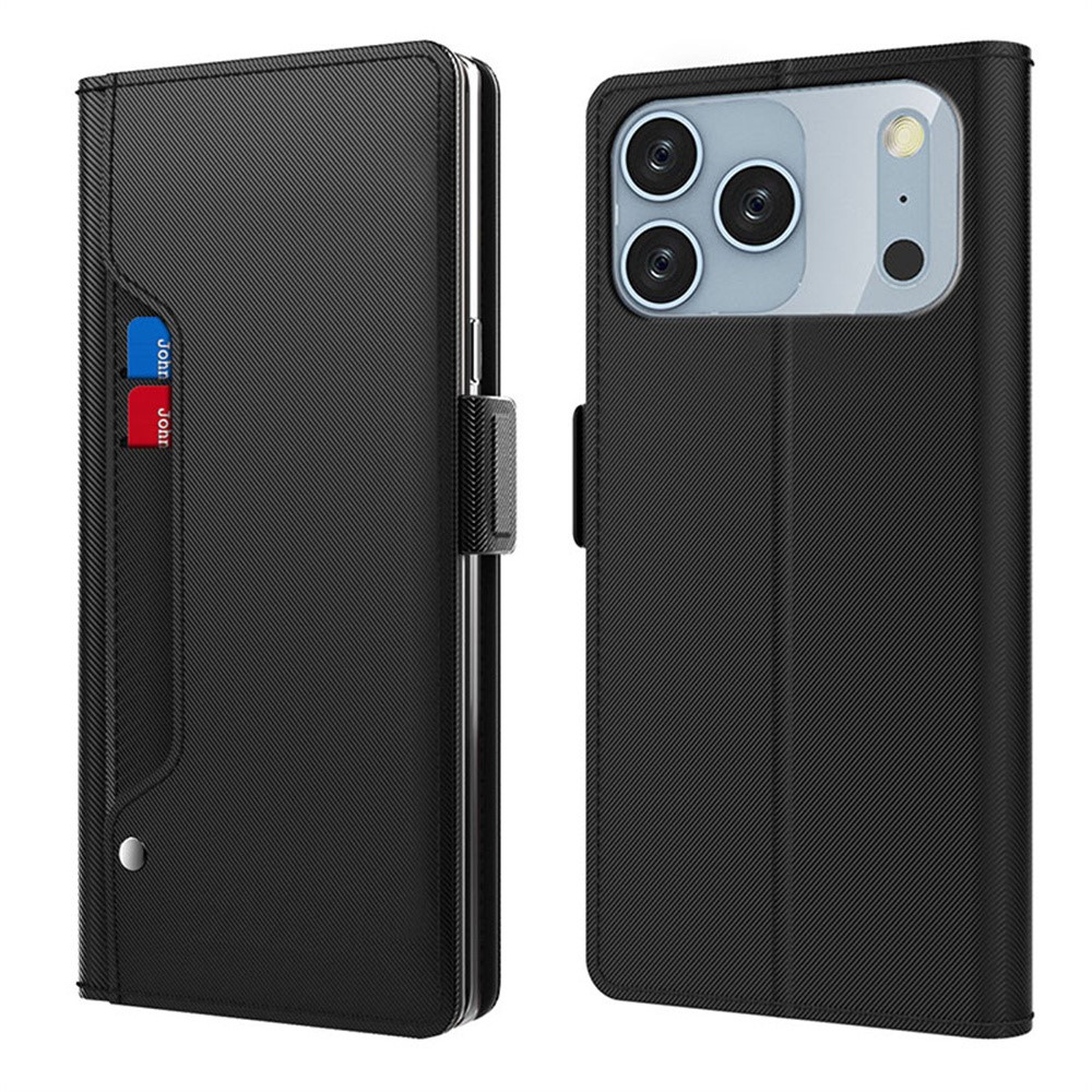 For iPhone 17 Pro Max Case Stand PU Leather Phone Cover Card Holder Mirror - Black