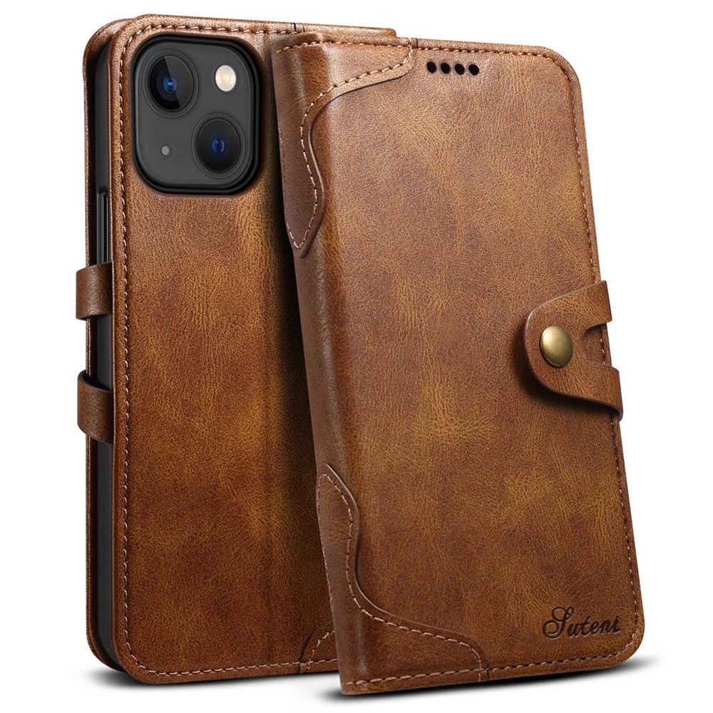 SUTENI Q03 Series Shockproof Phone Case for iPhone 14 Plus, PU Leather Button Closure Flip Stand Wallet Protective Cover - Brown-1