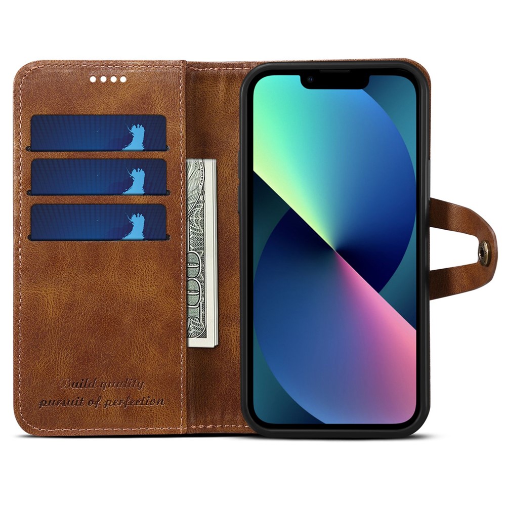 SUTENI Q03 Series Shockproof Phone Case for iPhone 14 Plus, PU Leather Button Closure Flip Stand Wallet Protective Cover - Brown-2
