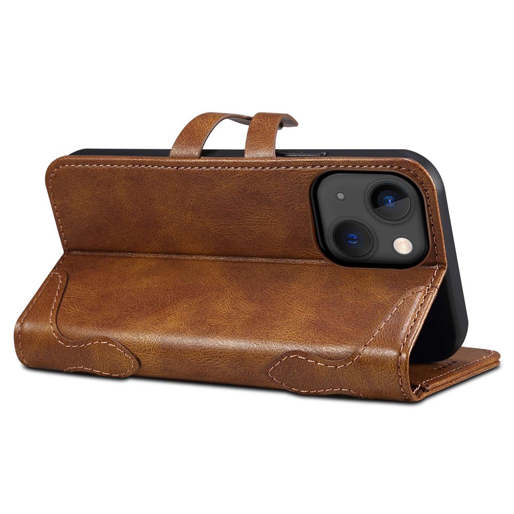 SUTENI Q03 Series Shockproof Phone Case for iPhone 14 Plus, PU Leather Button Closure Flip Stand Wallet Protective Cover - Brown-3