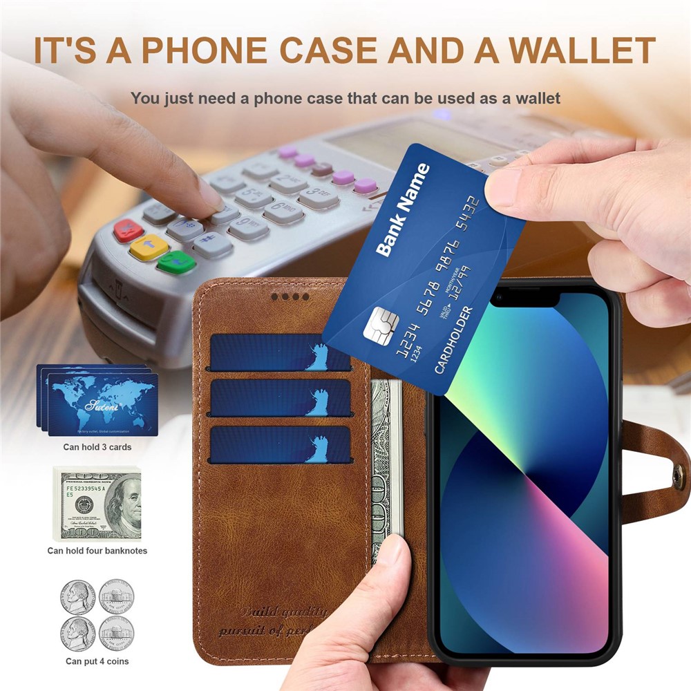 SUTENI Q03 Series Shockproof Phone Case for iPhone 14 Plus, PU Leather Button Closure Flip Stand Wallet Protective Cover - Brown-5