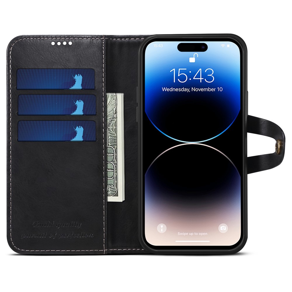 SUTENI Q03 Series PU Leather Case for iPhone 14 Pro, Button Closure Foldable Stand Wallet Drop-proof Cover - Black-2