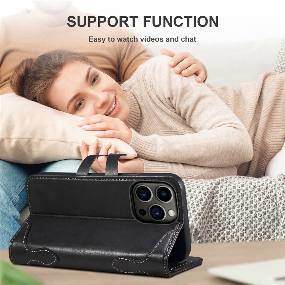 SUTENI Q03 Series PU Leather Case for iPhone 14 Pro, Button Closure Foldable Stand Wallet Drop-proof Cover - Black-3