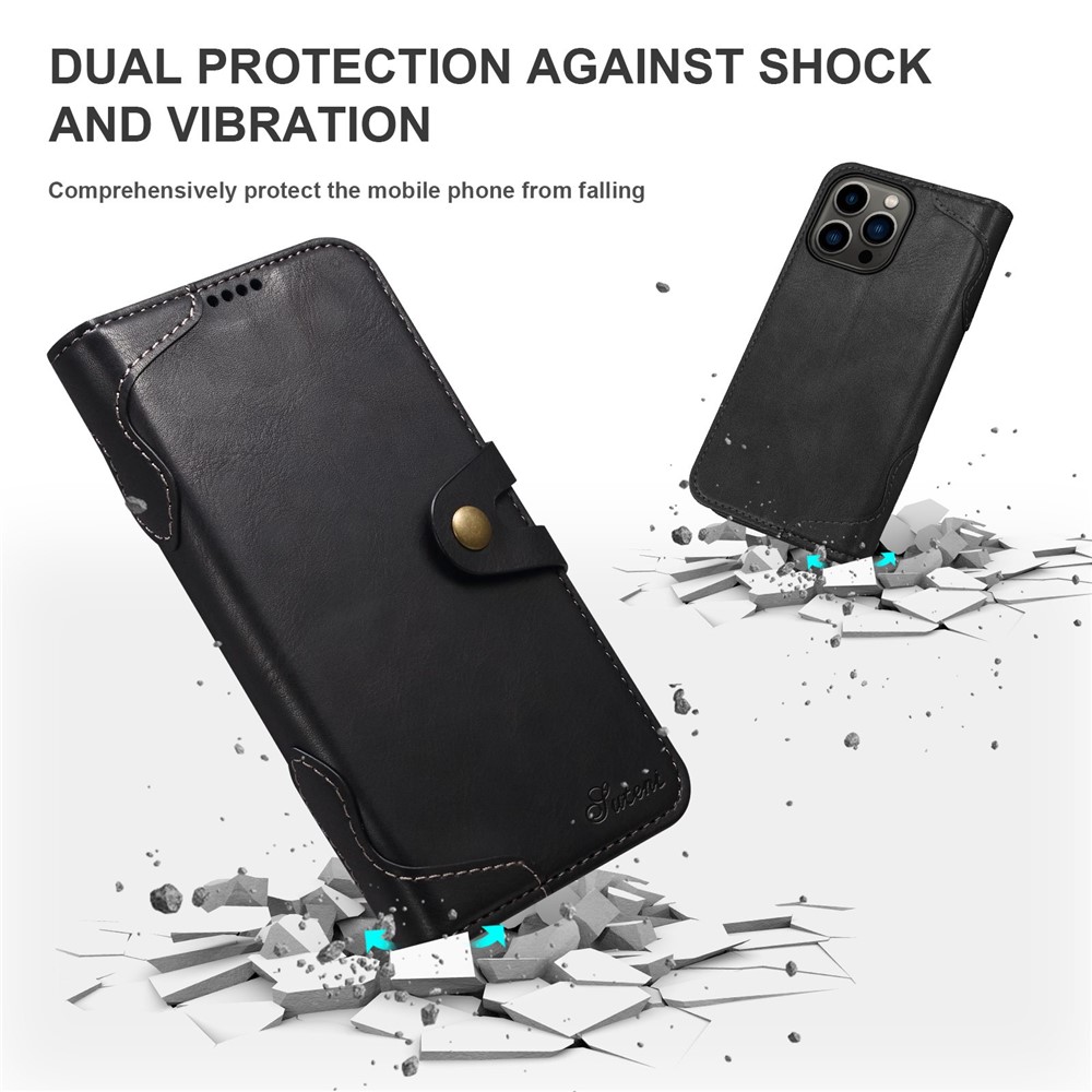 SUTENI Q03 Series PU Leather Case for iPhone 14 Pro, Button Closure Foldable Stand Wallet Drop-proof Cover - Black-4