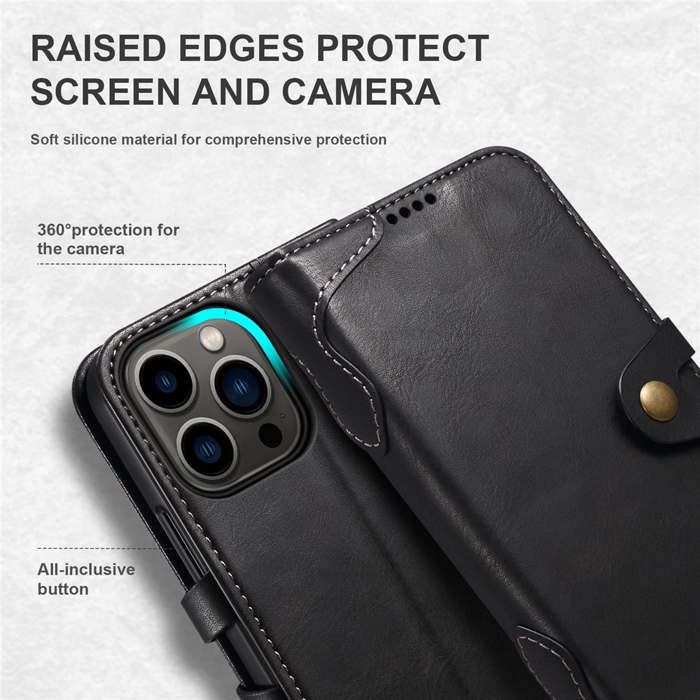 SUTENI Q03 Series PU Leather Case for iPhone 14 Pro, Button Closure Foldable Stand Wallet Drop-proof Cover - Black-5