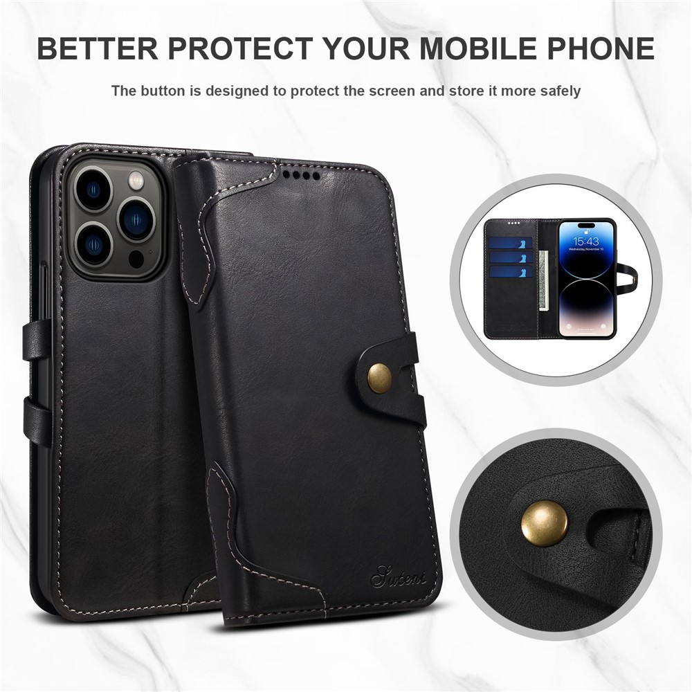SUTENI Q03 Series PU Leather Case for iPhone 14 Pro, Button Closure Foldable Stand Wallet Drop-proof Cover - Black-6