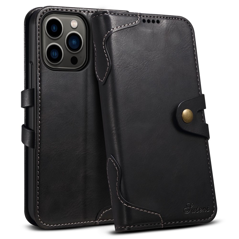 SUTENI Q03 Series Drop-proof Phone Case for iPhone 14 Pro Max, PU Leather Button Closure Protective Shell Flip Stand Wallet Cover - Black-1