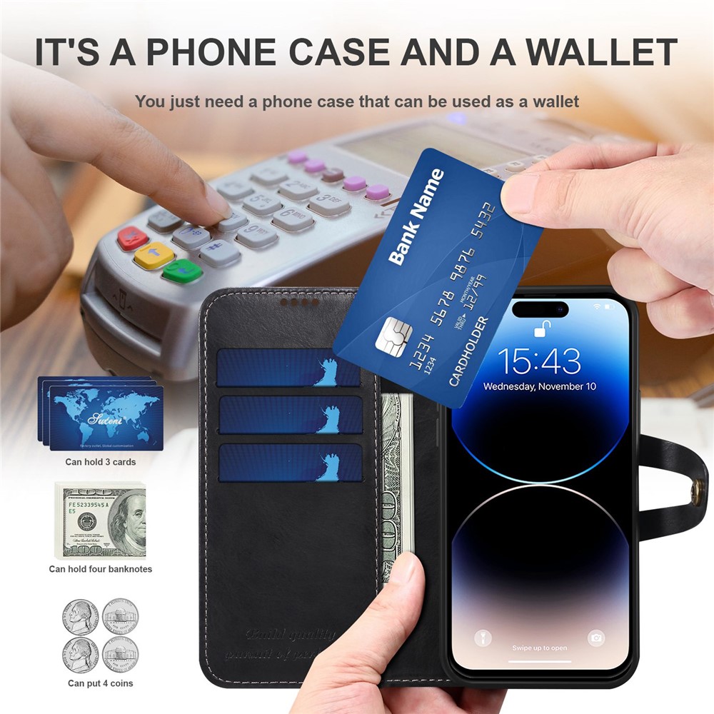 SUTENI Q03 Series Drop-proof Phone Case for iPhone 14 Pro Max, PU Leather Button Closure Protective Shell Flip Stand Wallet Cover - Black-7