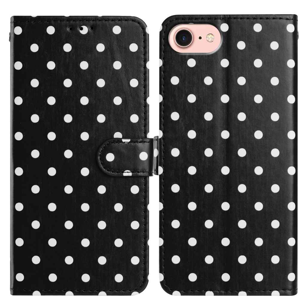 For iPhone 16e Leather Case Polka Dot Pattern Wallet Stand Folio Phone Cover - Black