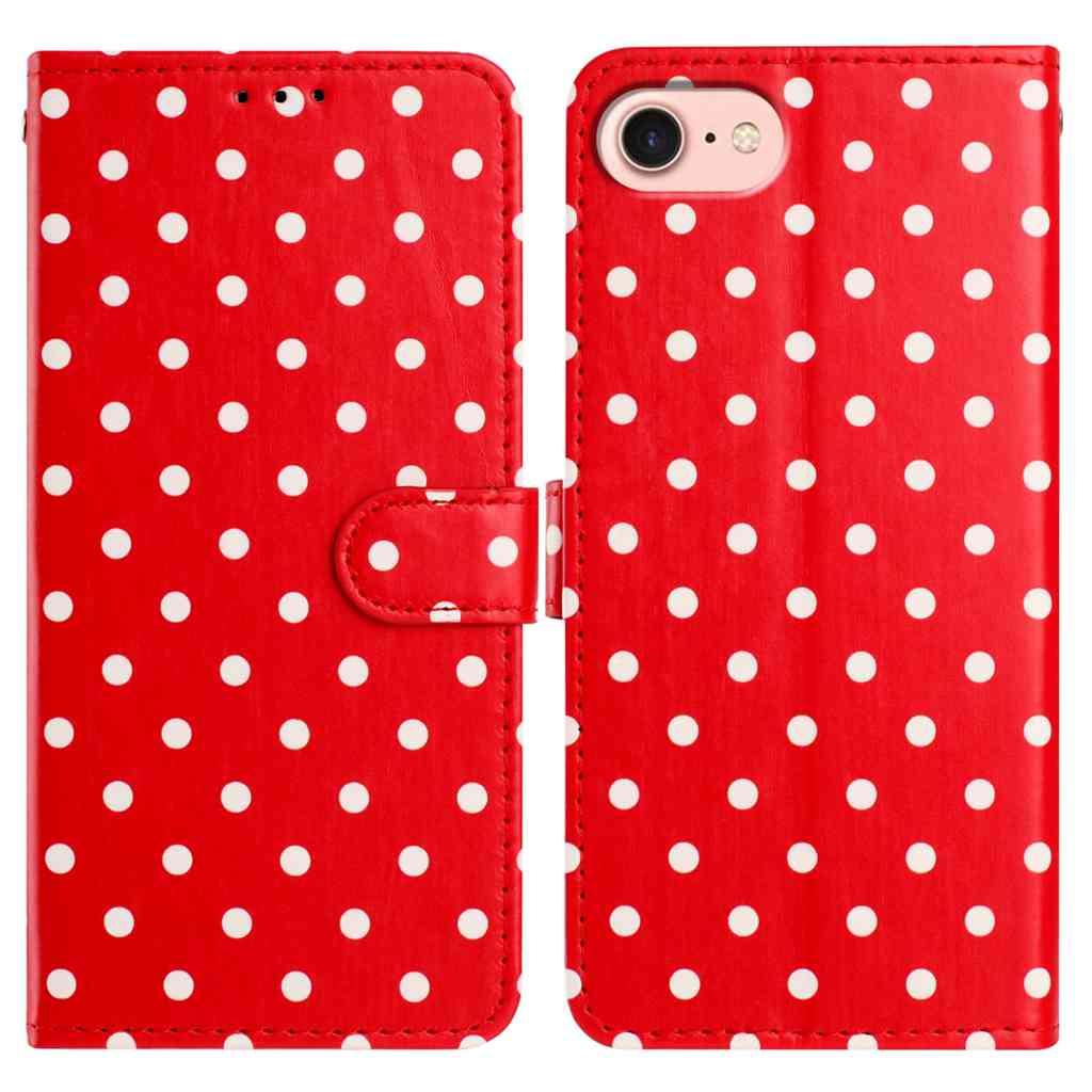 For iPhone 16e Leather Case Polka Dot Pattern Wallet Stand Folio Phone Cover - Red