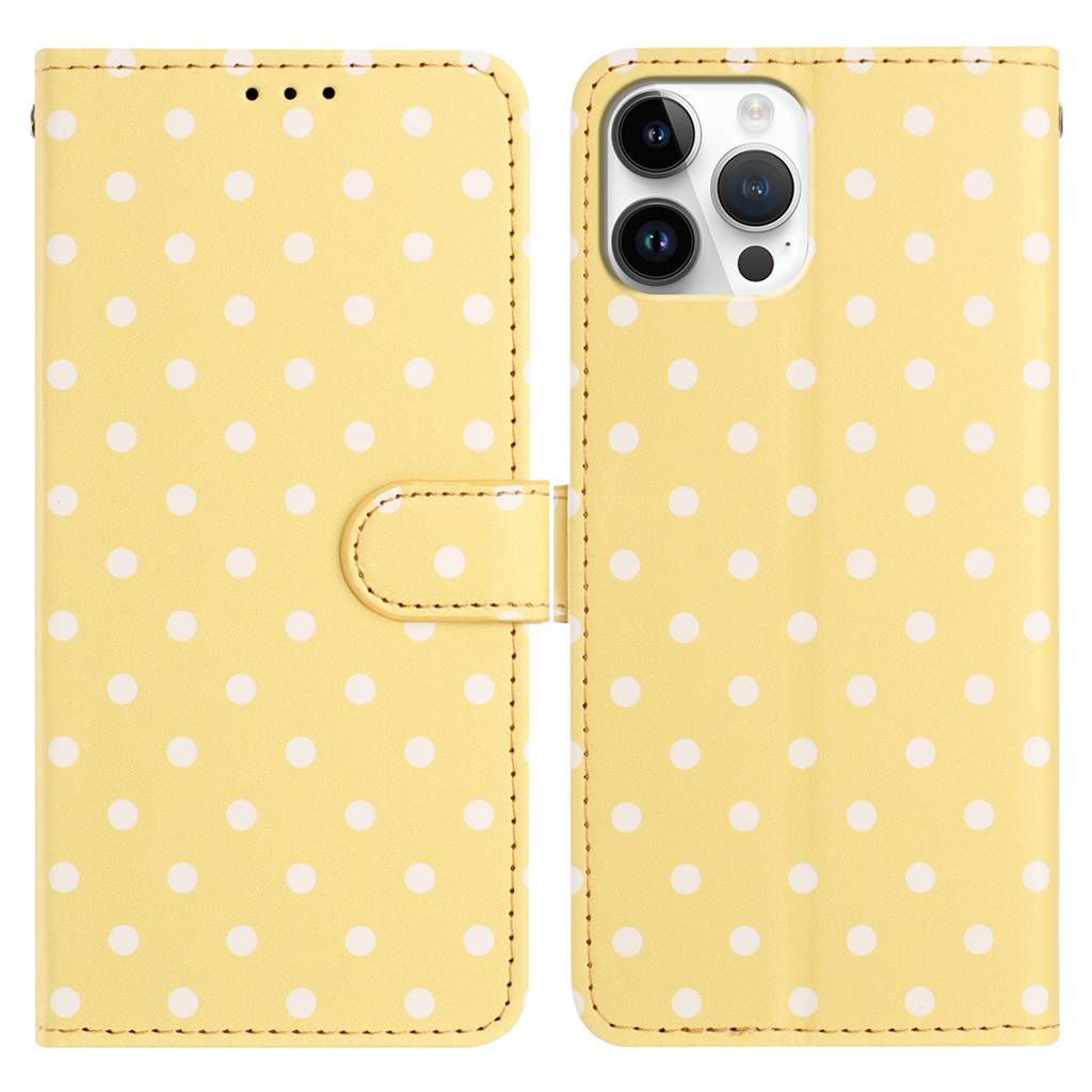 For iPhone 16 Pro Max Leather Case Polka Dot Pattern Wallet Stand Folio Phone Cover - Yellow