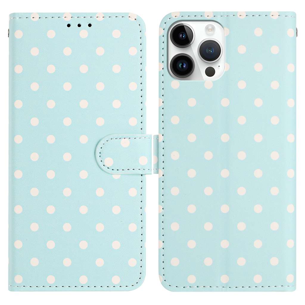 For iPhone 16 Pro Max Leather Case Polka Dot Pattern Wallet Stand Folio Phone Cover - Blue