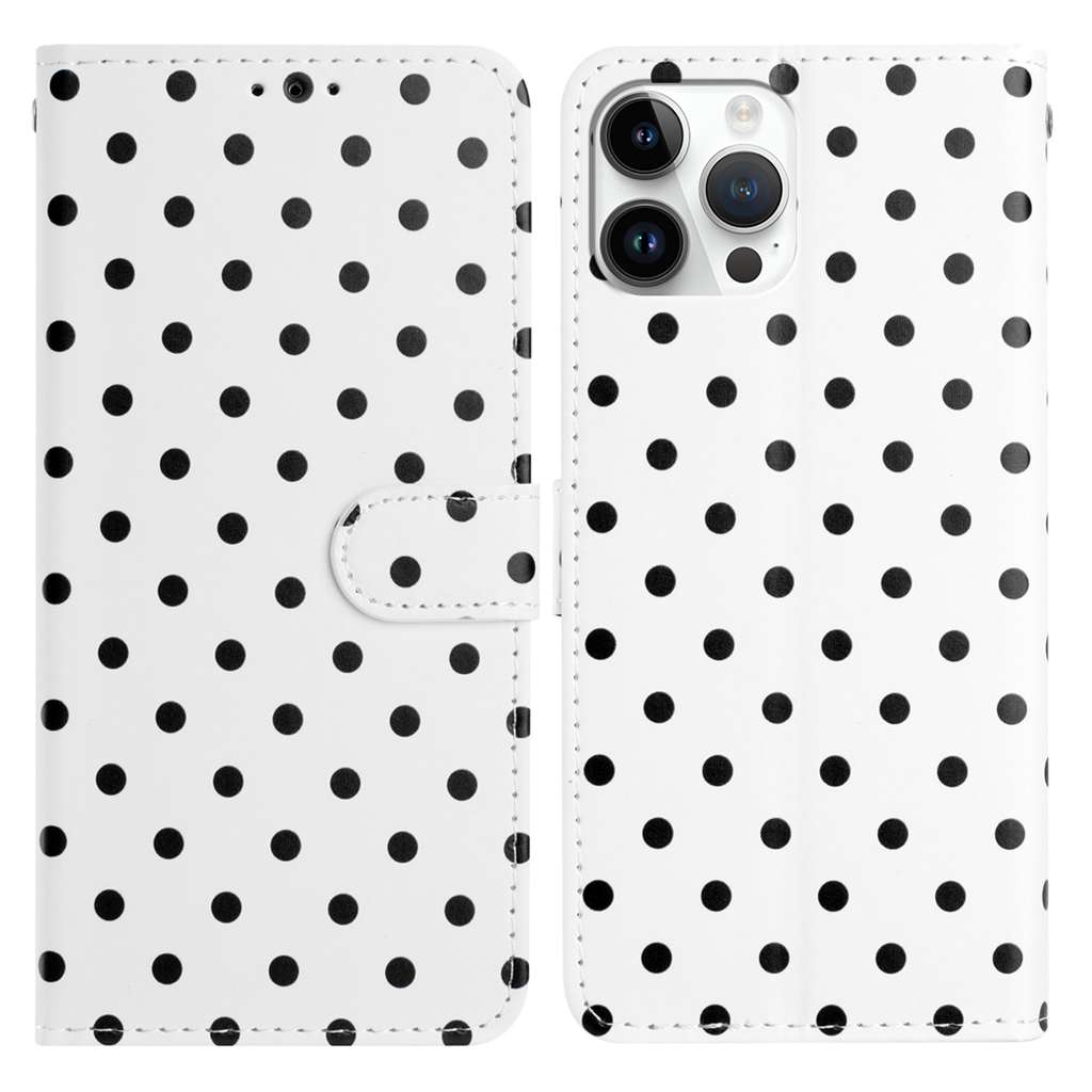 For iPhone 16 Pro Max Leather Case Polka Dot Pattern Wallet Stand Folio Phone Cover - White