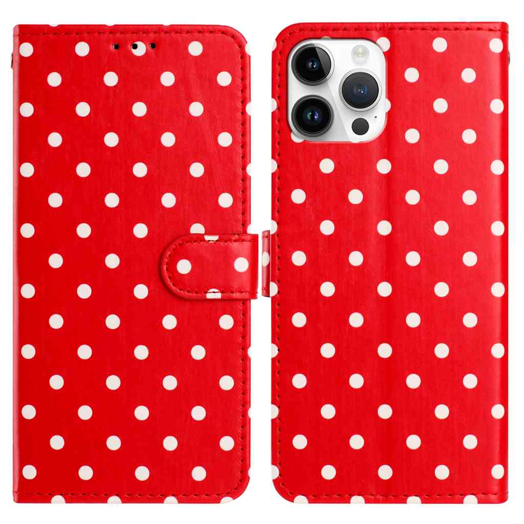 For iPhone 16 Pro Max Leather Case Polka Dot Pattern Wallet Stand Folio Phone Cover - Red