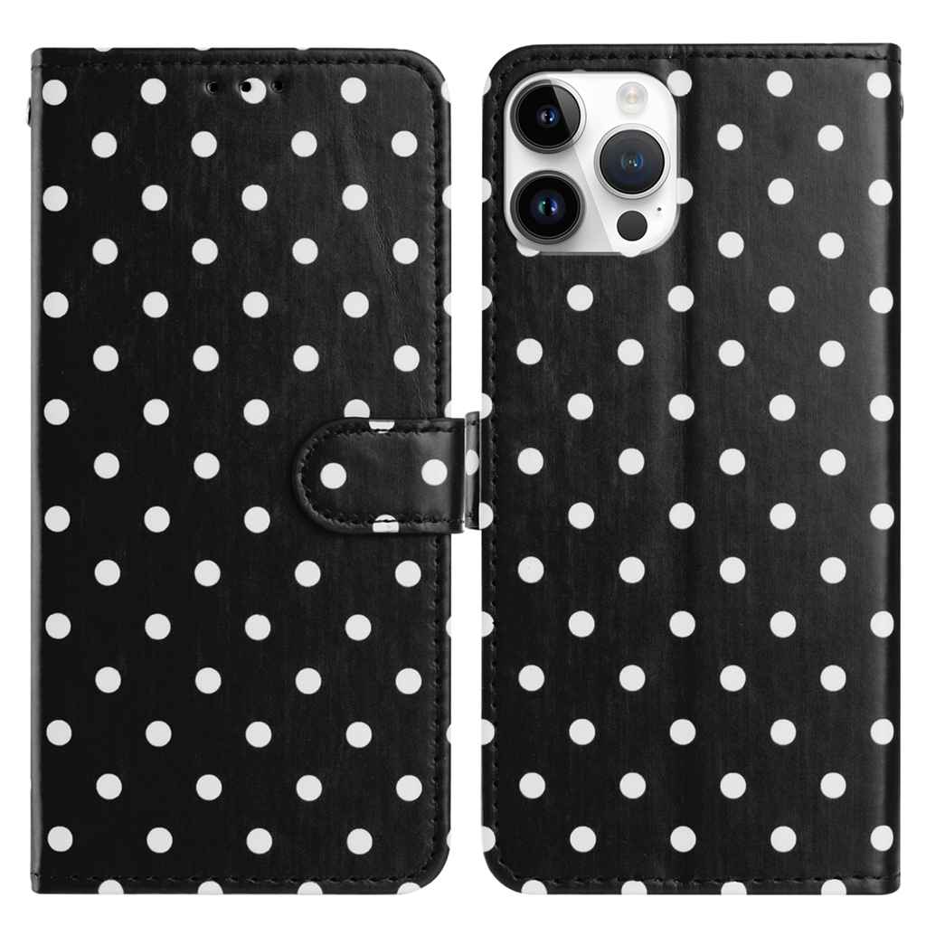 For iPhone 16 Pro Leather Case Polka Dot Pattern Wallet Stand Folio Phone Cover - Black