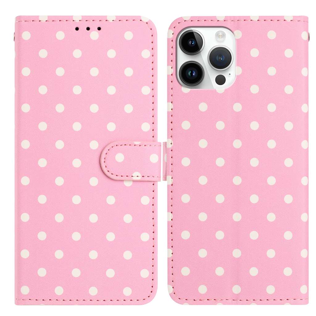 For iPhone 16 Pro Leather Case Polka Dot Pattern Wallet Stand Folio Phone Cover - Pink