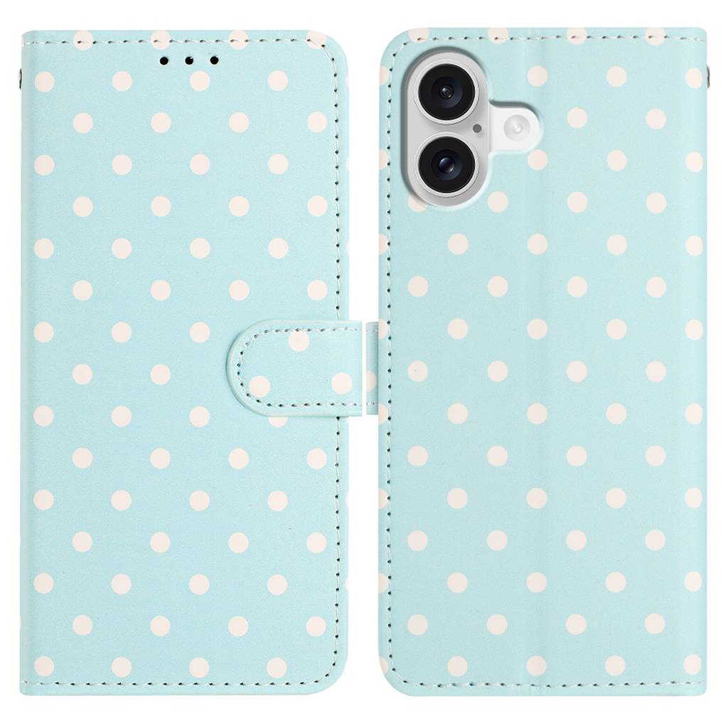 For iPhone 16 Plus Leather Case Polka Dot Pattern Wallet Stand Folio Phone Cover - Blue