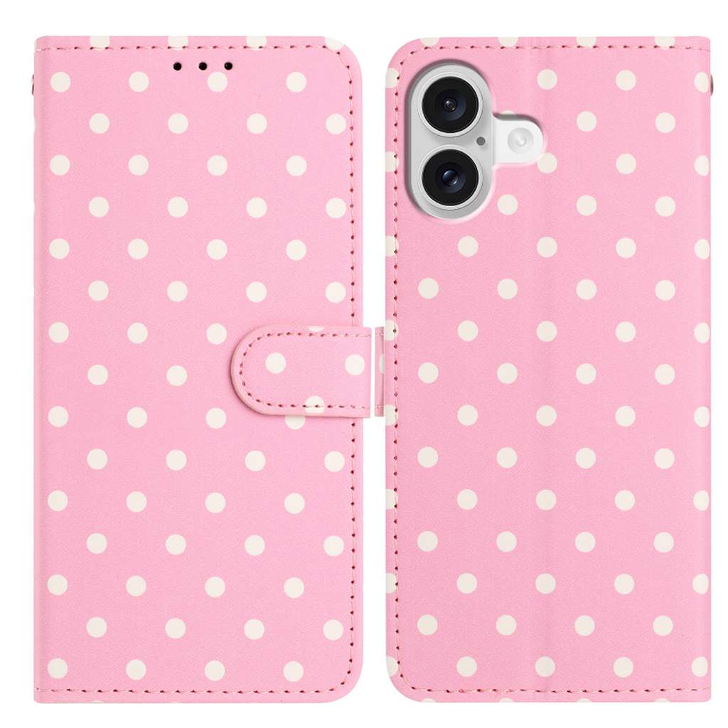For iPhone 16 Plus Leather Case Polka Dot Pattern Wallet Stand Folio Phone Cover - Pink