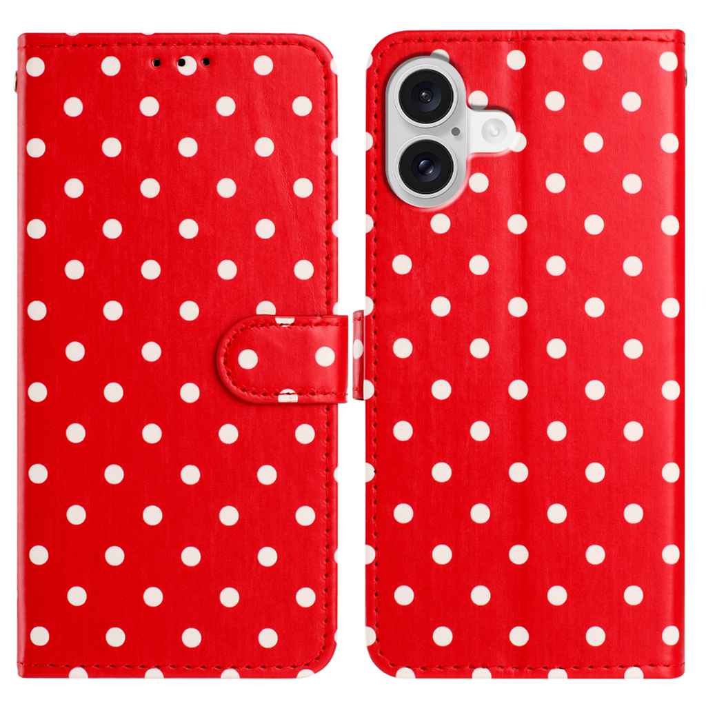 For iPhone 16 Plus Leather Case Polka Dot Pattern Wallet Stand Folio Phone Cover - Red